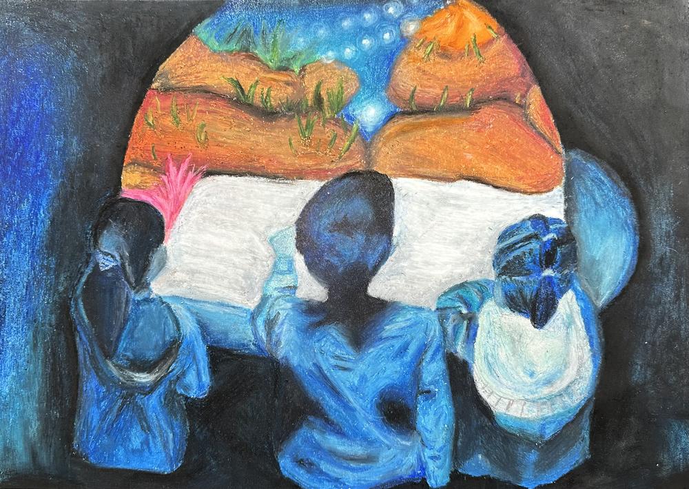 Three children sit facing the opening of an aquarium window  